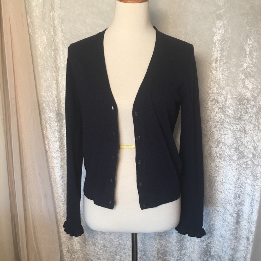 Banana Republic Italian Fine Wool Flipicci Navy Blue Cardigan Ruffle Size Small